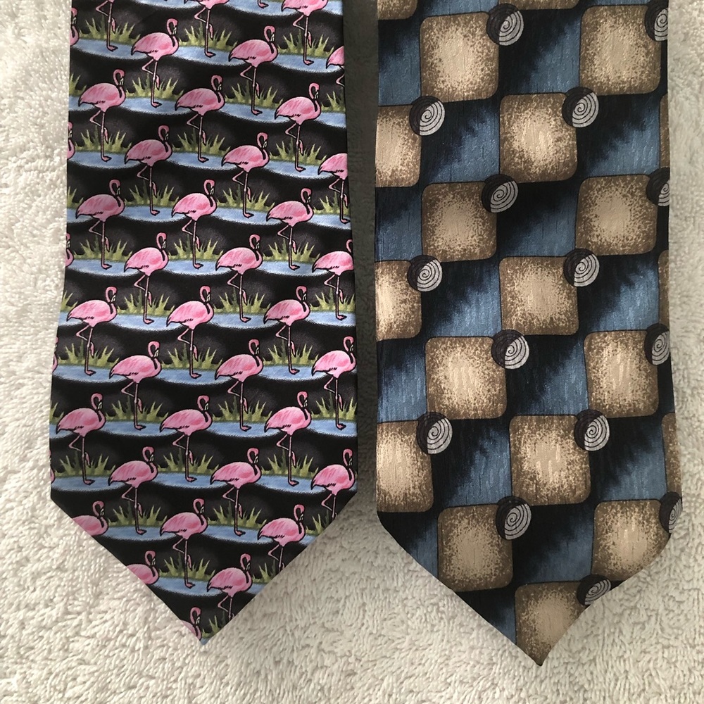 NWT lot of 2 Designer Men’s 100% Silk Neck Ties Flamingos Geometric Print 5